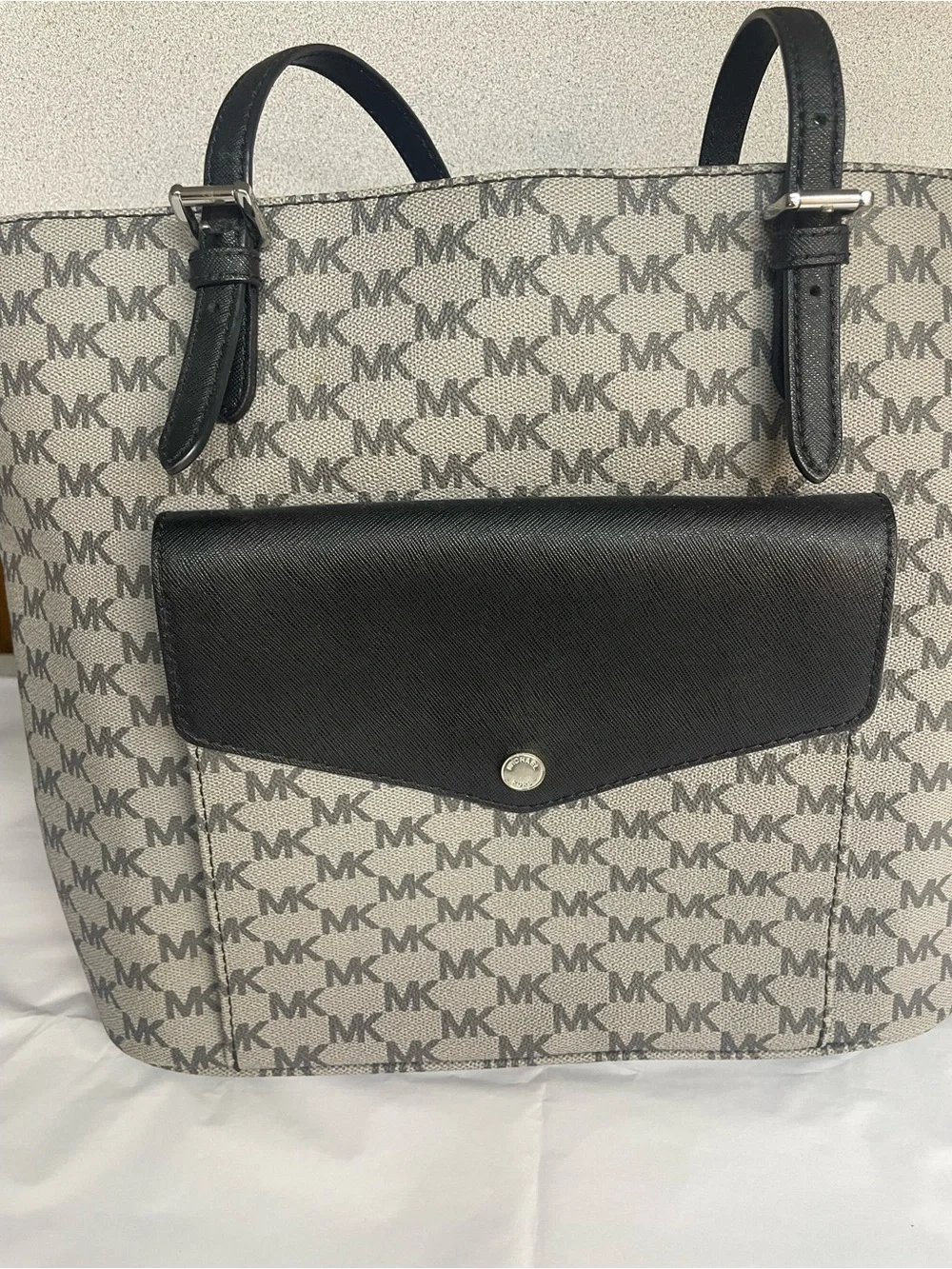 Michael Kors Gray MK Logo Shoulder Tote with Black Flap